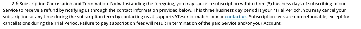The refund clause in the SeniorMatch service agreement, showing the three business day trial period.