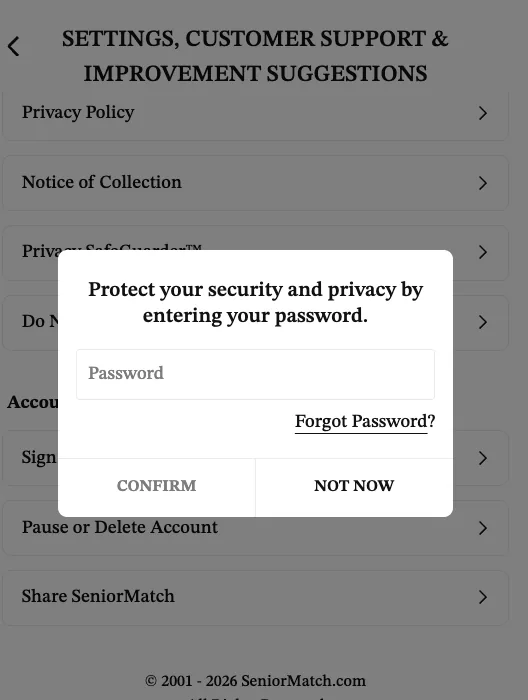 The Pause or Delete Account screen inside SeniorMatch settings, sitting behind a password check