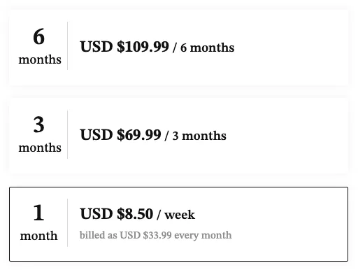 The plan-selection screen inside a SeniorMatch account, showing the one-month, three-month and six-month prices.